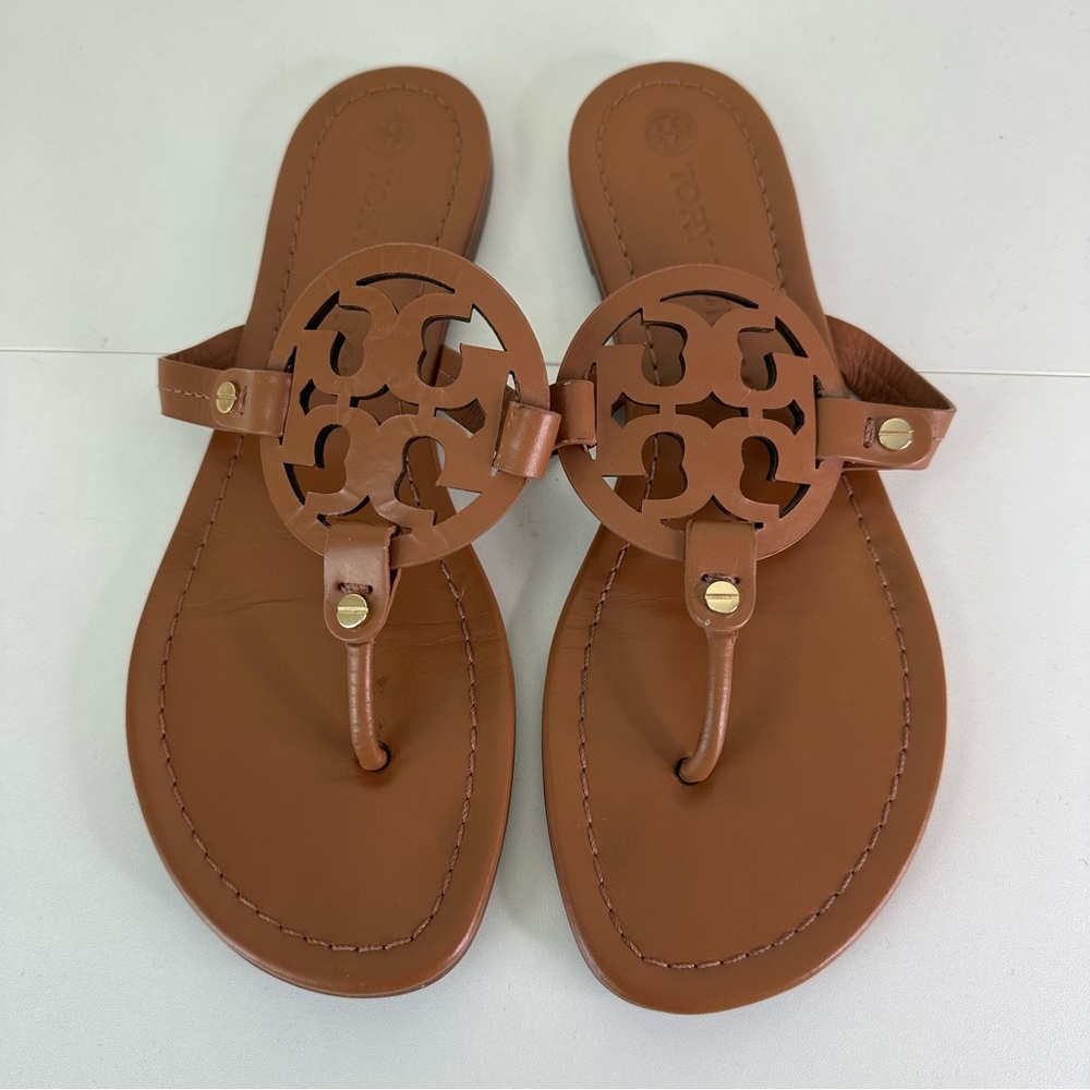 Tory Burch Cognac Leather Logo Thong Sandals